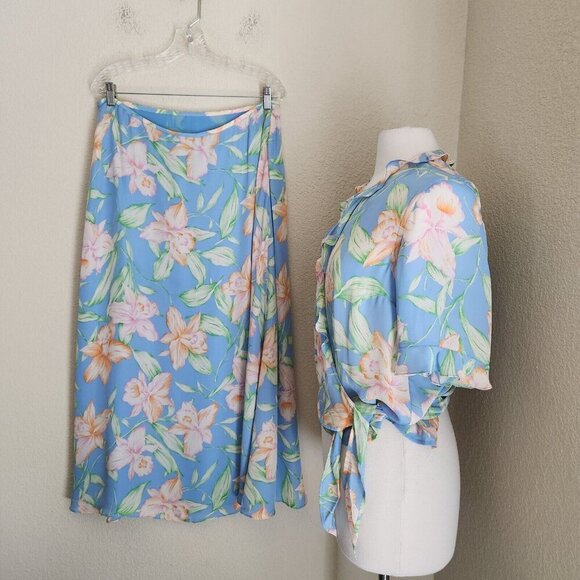 Vintage Lauren Ralph Lauren Floral Silk Blouse Maxi Skirt 2-PC Set Large 14 Wrap - Picture 4 of 16